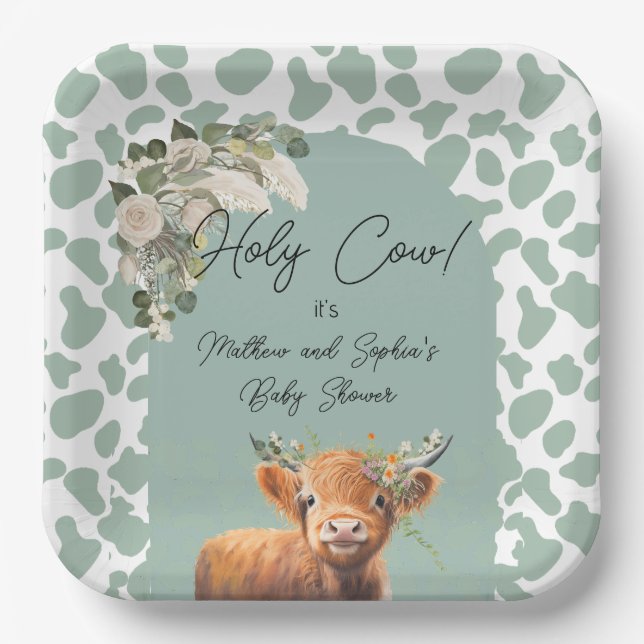 Assiettes En Carton Sage Green Boho Holy Cow Farm Baby shower (Recto)