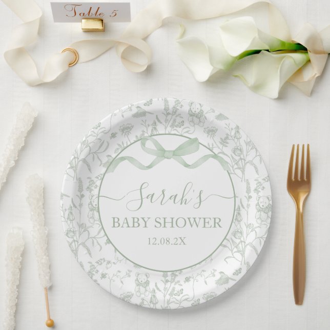 Assiettes En Carton Sage Green Bow Baby shower garçon (Mariage)