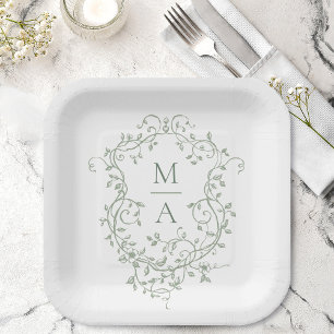 Assiettes En Carton Sage Green Classic Floral Crest Monogramme Mariage