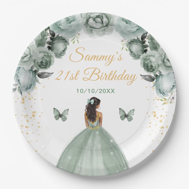 Assiettes En Carton Sage Green Dark Skin Princesse Anniversaire (Devant)