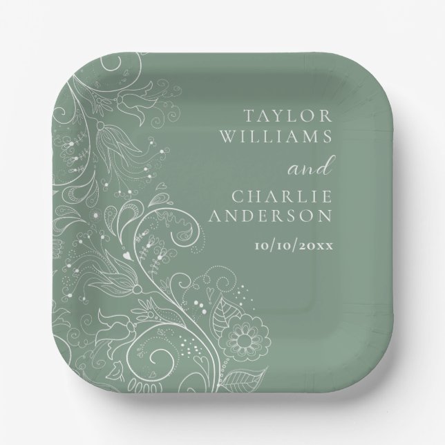 Assiettes En Carton Sage Green Elegant Mariage Floral (Recto)