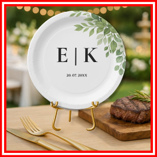 Assiettes En Carton Sage Green Feuille Verdure Monogramme Mariage
