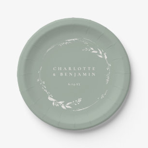 Assiettes En Carton Sage Green Floral Wreath Monogramme personnalisé