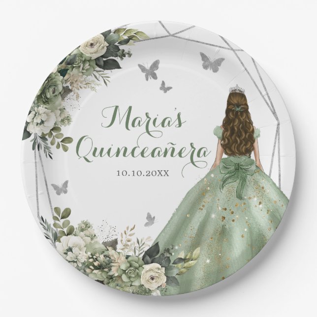 Assiettes En Carton Sage Green Géométrique Princesse XV Años Floral (Devant)