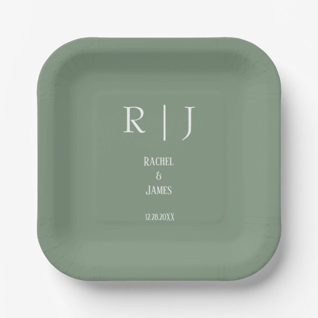 Assiettes En Carton Sage Green Monogrammes Minimal Moderne Simple Mari (Recto)