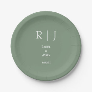 Assiettes En Carton Sage Green Monogrammes Simple Minimal Moderne Mari