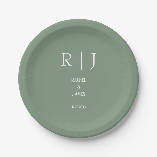 Assiettes En Carton Sage Green Monogrammes Simple Minimal Moderne Mari (Devant)