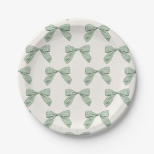 Assiettes En Carton Sage Green Plaid Bow Élégant Baby shower garçon