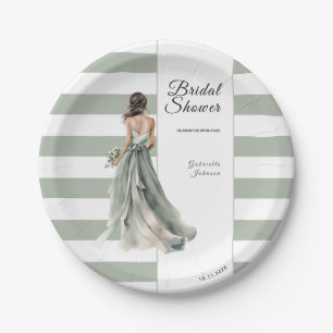 Assiettes En Carton Sage Green Stripes Aquarelle Bride Fête des mariée
