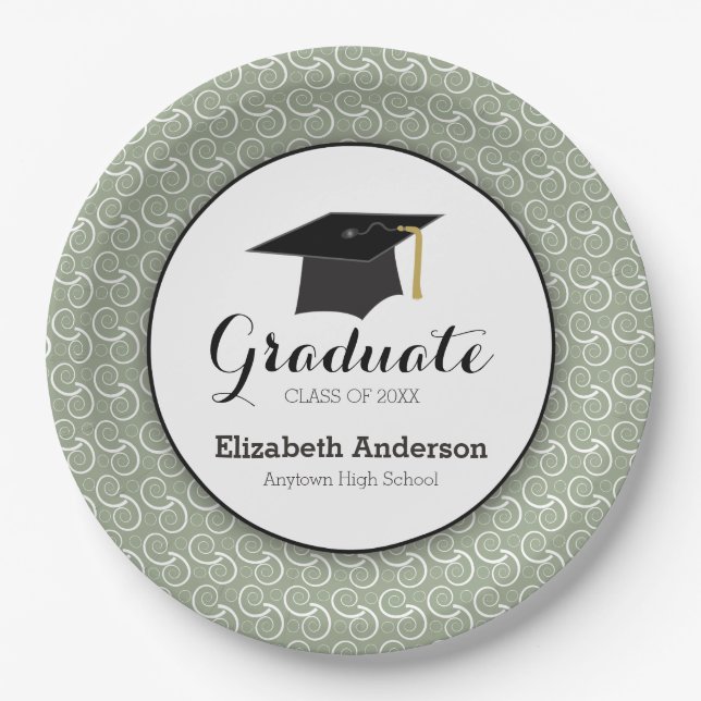 Assiettes En Carton Sage Green Swirl Motif fête de graduation (Devant)