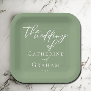 Assiettes En Carton Sage Green White Typographie minimaliste Mariage