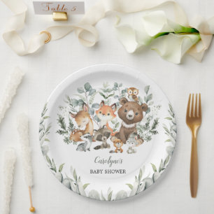 Assiettes En Carton Sage Green Woodland Animaux Eucalyptus Baby shower