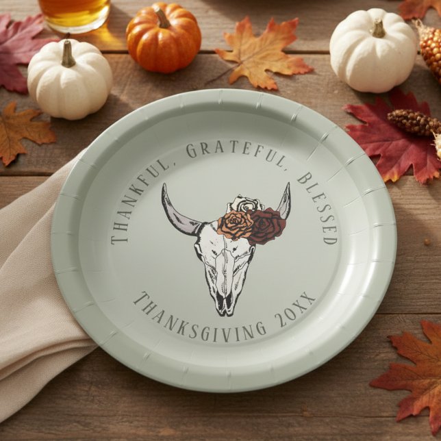 Assiettes En Carton Sage Merci Grateful Thanksgiving (Elegant Sage Gothic Fall Floral Cow Skull Thanksgiving Paper Plates. Thankful Grateful Blessed)