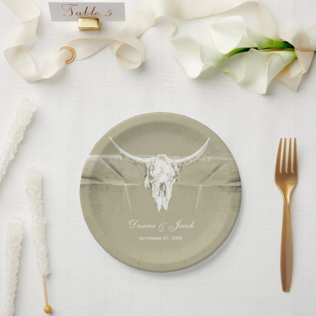 Assiettes En Carton Sage rustique Vert Blanc Vache Occidentale Crâne (Mariage)