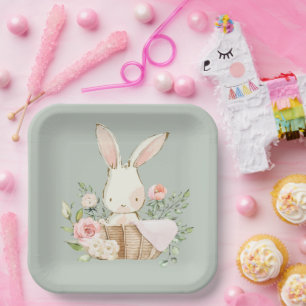 Assiettes En Carton Sage Vert Aquarelle Bunny Lapin Plaques de papier 