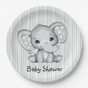 Assiettes En Carton Sage Vert Aquarelle Eléphant Baby shower neutre