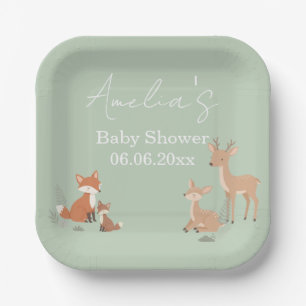 Assiettes En Carton Sage Vert Baby Shower Animaux de la Forêt