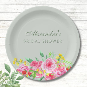 Assiettes En Carton Sage Vert Fête de Mariage aux Pivoines Roses