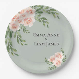 Assiettes En Carton Sage Vert Floral Aquarelle Mariage romantique