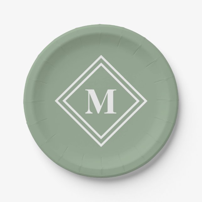 Assiettes En Carton Sage Vert Moderne Monogramme (Devant)