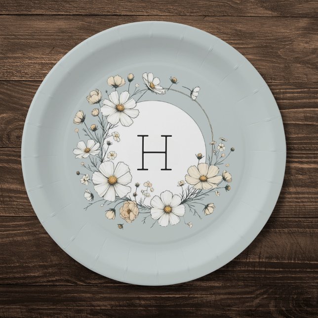 Assiettes En Carton Sage Vert Monogramme Fleurs Boho Personnalisées (Créateur téléchargé)