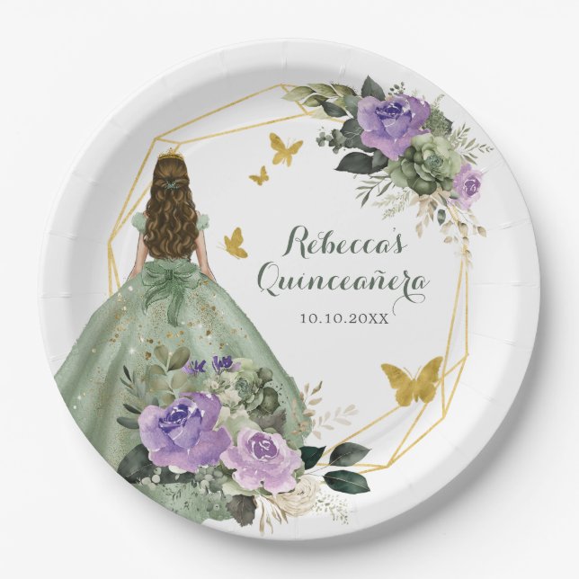 Assiettes En Carton Sage Vert Violet Quinceañera Plaque papier (Devant)