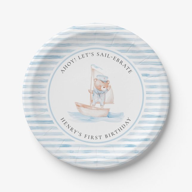 Assiettes En Carton Sailor Bear Blue Stripe Birthday (Devant)