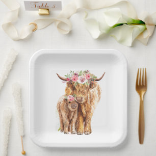 Assiettes En Carton Saint Baby shower de la vache Boho Highland Calf