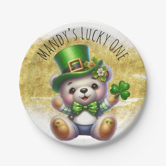 Assiettes En Carton Saint Patrick’s Day Cute Bear Green Gold (Devant)