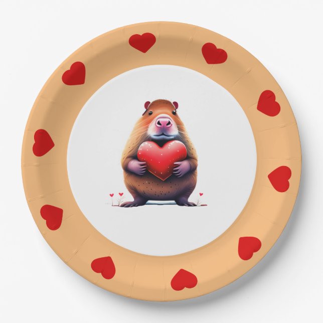 Assiettes En Carton Saint Valentin Capybara, plaque papier rond de 7 p (Devant)