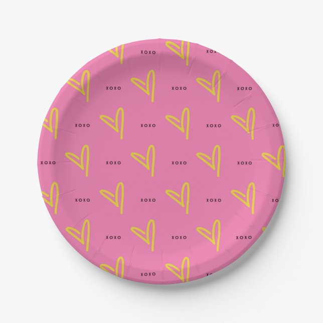 Assiettes En Carton Saint-Valentin Coeur rose Jaune XOXO Valentine (Devant)