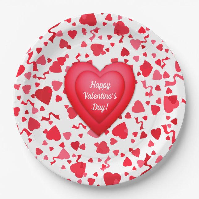 Assiettes En Carton Saint Valentin Coeurs de Confetti Rouge Personnali (Devant)