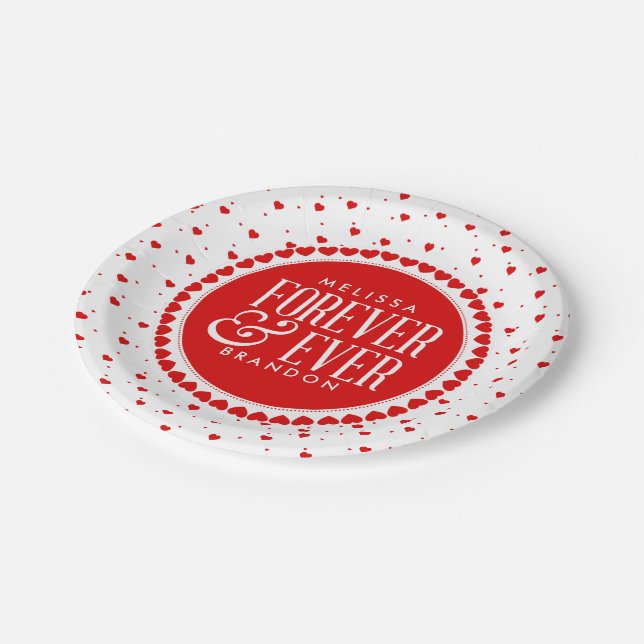 Assiettes En Carton Saint-Valentin coeurs rouges cercle Forever & Ever (Angle)