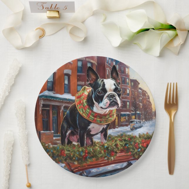 Assiettes En Carton Saison de Noël de Boston Terrier (Mariage)