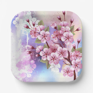 Assiettes En Carton Sakura rose sur la peinture Arrière - plan