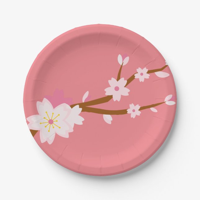 Assiettes En Carton Sakura rouge vif, fleurs de cerisiers japonais (Devant)