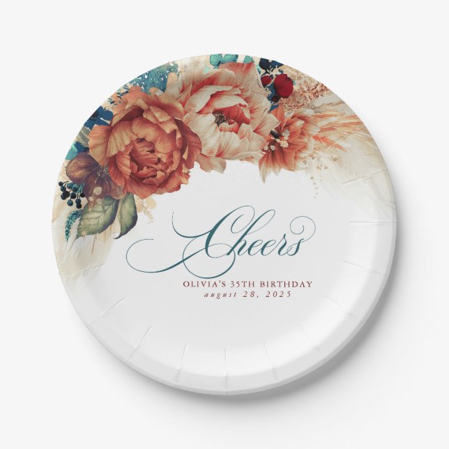 Assiettes En Carton Salutations Turquoise Blue Terracotta Floral Pampa (Devant)