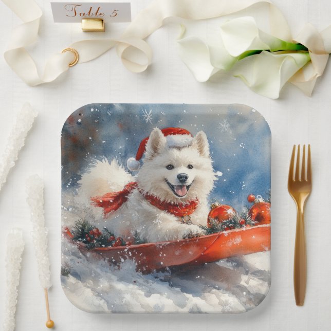 Assiettes En Carton Samoyé Chien dans la boue Laisser il neige Noël (Mariage)