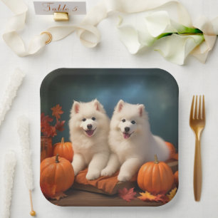 Assiettes En Carton Samoyed Chiot Automne Citrouille de plaisir