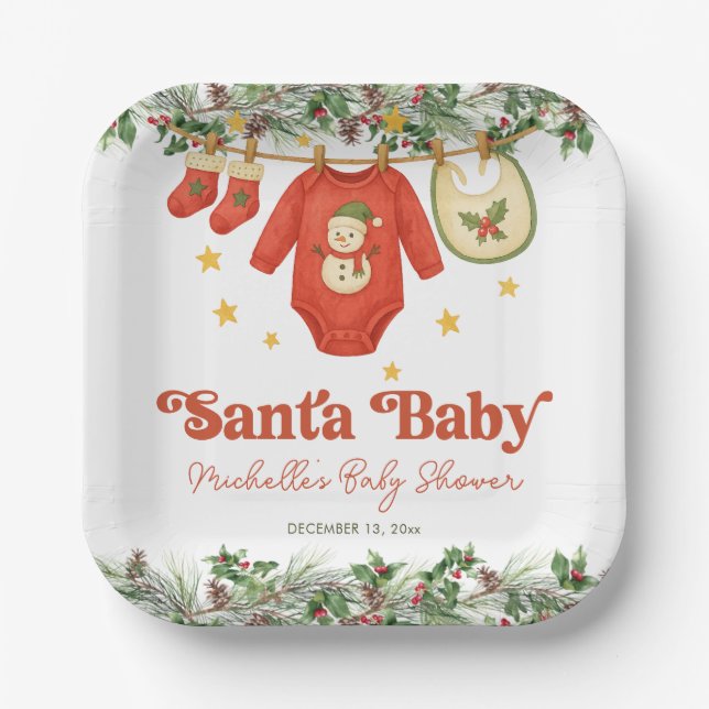 Assiettes En Carton Santa Baby Christmas Clothesline Baby Shower (Recto)