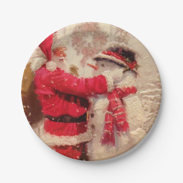 Assiettes En Carton Santa claus and snowman in snowfall (Devant)