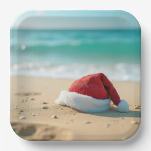 Assiettes En Carton Santa Claus Casquette sur une plage tropicale