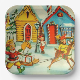 Assiettes En Carton Santa Claus Elves Vintage Noël Pôle Nord