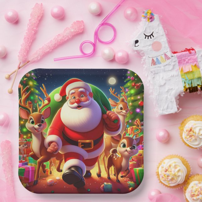 Assiettes En Carton Santa Claus et 2 rennes (Fête)