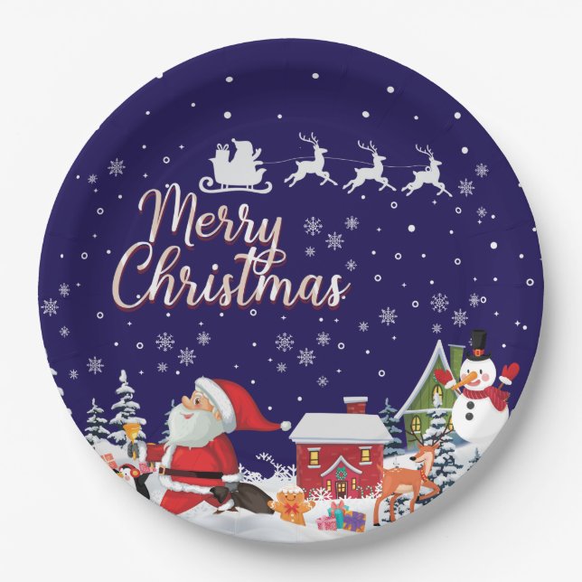Assiettes En Carton Santa Claus, Snowman Merry Christmas Holiday (Devant)