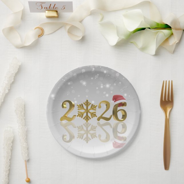 Assiettes En Carton Santa Hat and Snowflake | Happy New Year 2026 Gold (Mariage)