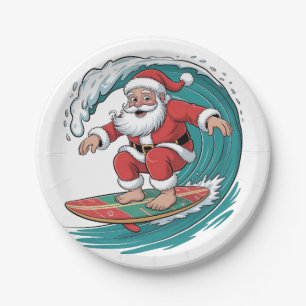 Assiettes En Carton Santa Surfant Noël Surf X-mas Festif Vacances