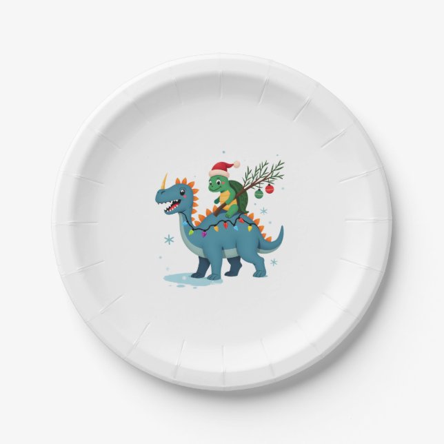 Assiettes En Carton Santa Turtle Riding T-Rex Reindeer Christmas Light (Devant)
