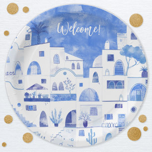 Assiettes En Carton Santorin Grèce Aquarelle Texte personnalisé