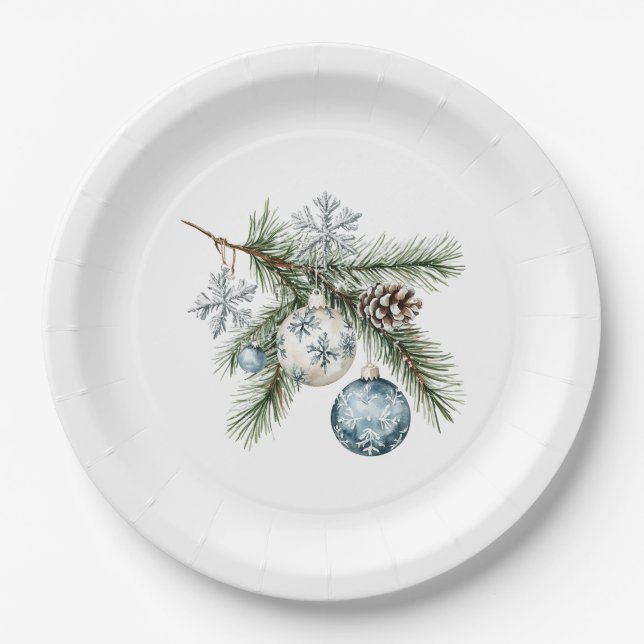 Assiettes En Carton Sapin de Noël Flocons d'Argent Ornements Bleus (Devant)